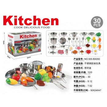 Mega zestaw kuchenny dla dzieci 3+ Metalowe garnki + Przybory kuchenne + Jedzenie 30 el.